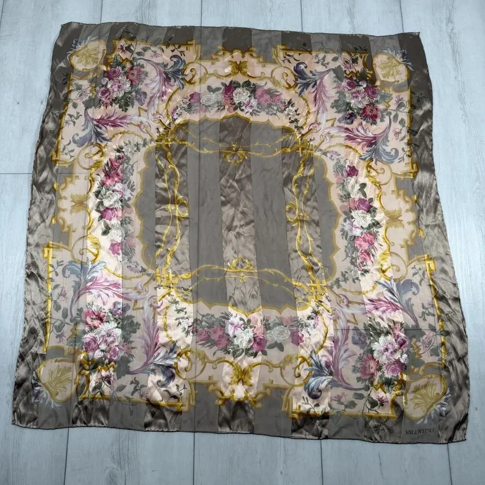 VALENTINO Brown Golden Striped Silk w/ logo Floral Print Vintage Scarf 33x34
